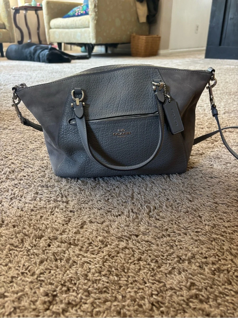 Coach Gray Pebbled Leather Shoulder Bag with Crossbody Strap